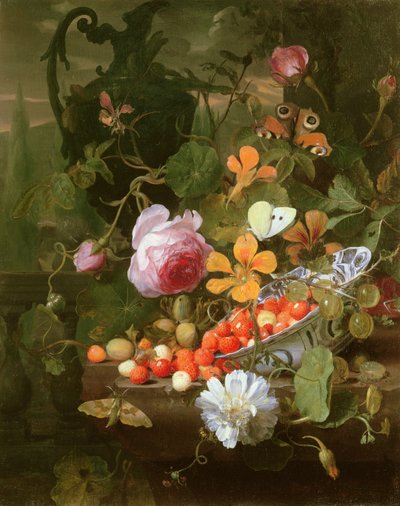 A Still Life of Strawberries in a Bowl and Flowers, 1696 by Jan Mortel